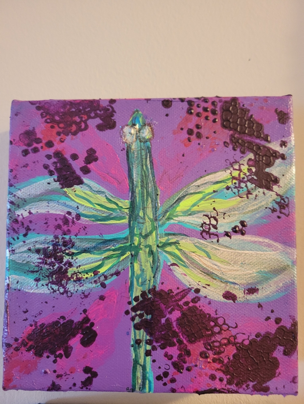 Hand-Painted Purple & Teal "Dragonfly Visitor"  By Brea Marie 6in X 6im - Picture 6 of 6